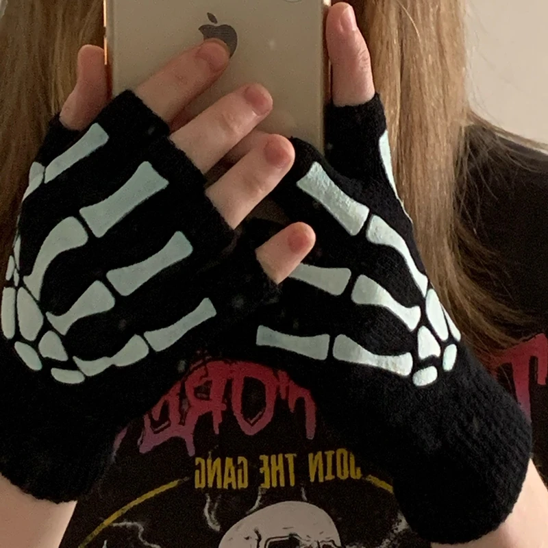 New Punk Gloves Unisex Halloween Skeleton Skull Half Finger Gloves Glow in The Dark Fingerless Stretch Knitted Winter Mittens