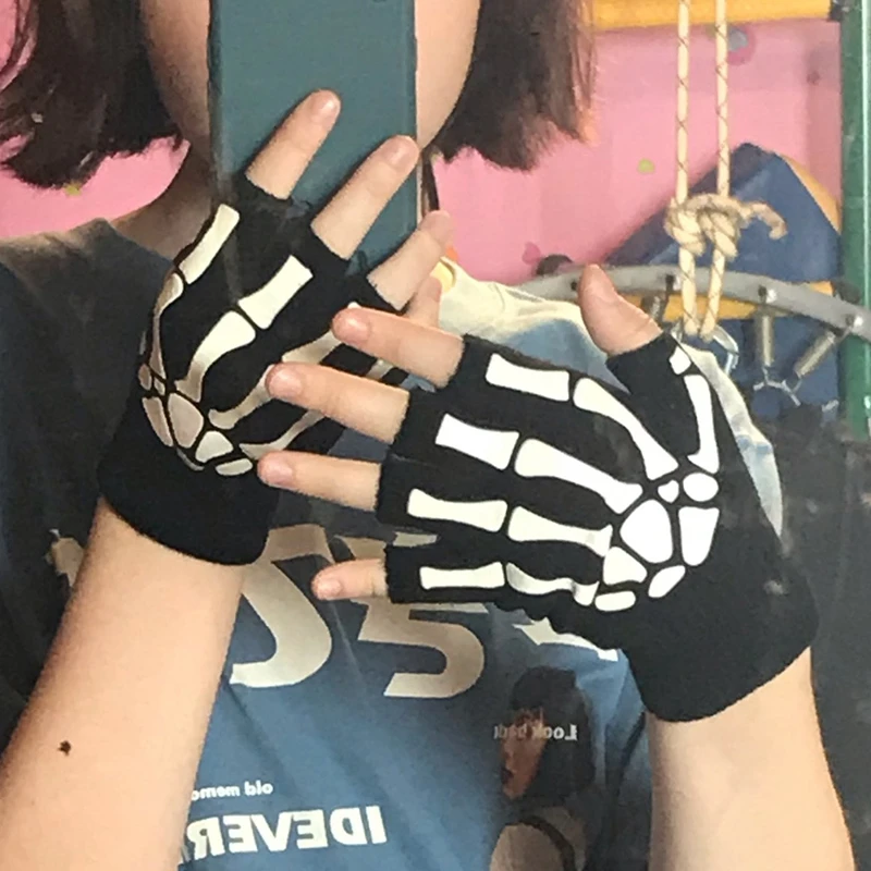 New Punk Gloves Unisex Halloween Skeleton Skull Half Finger Gloves Glow in The Dark Fingerless Stretch Knitted Winter Mittens