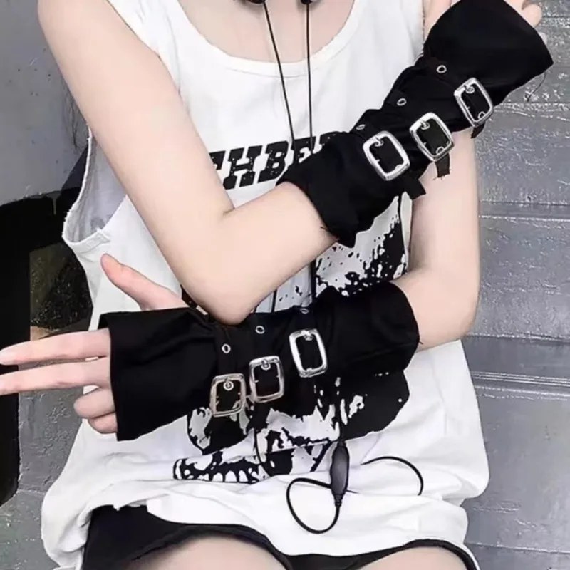 Y2K Personalized Buckle Punk Style Women's Fingerless Gloves Luo Hip Hop Style Stage Performance Street Dance Sleeves