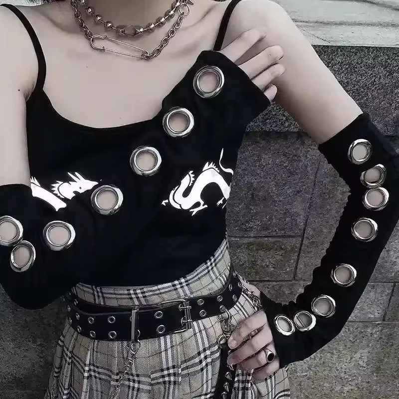 Y2K Personalized Buckle Punk Style Women's Fingerless Gloves Luo Hip Hop Style Stage Performance Street Dance Sleeves