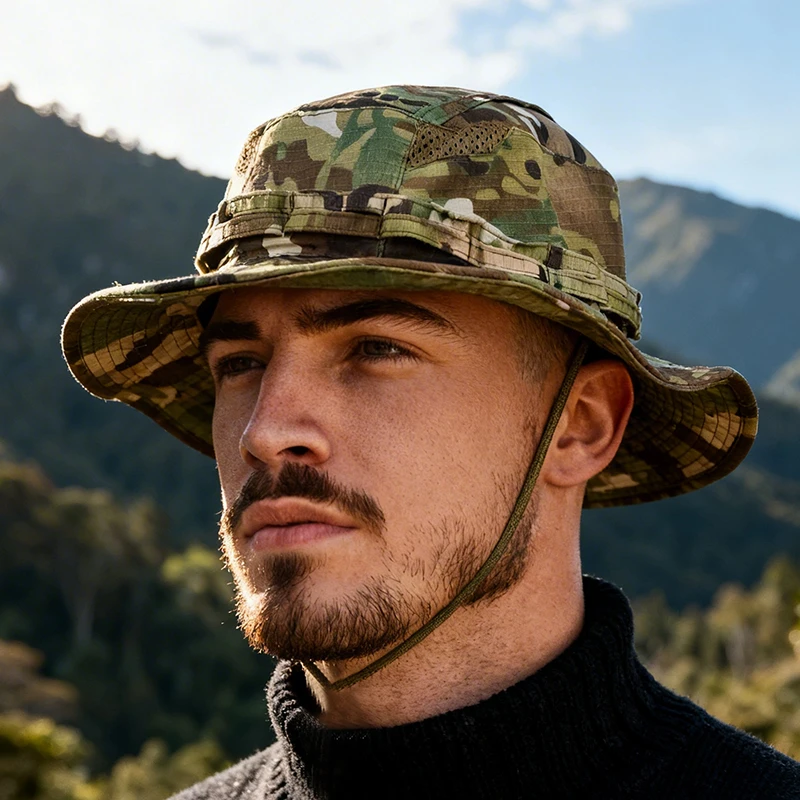 2026 New Camo Tactical Enthusiasts Square Pocket Bonnie Cap Outdoor Bucket Benny Hats Multicam Fishing Hiking Outdoor Sun Caps