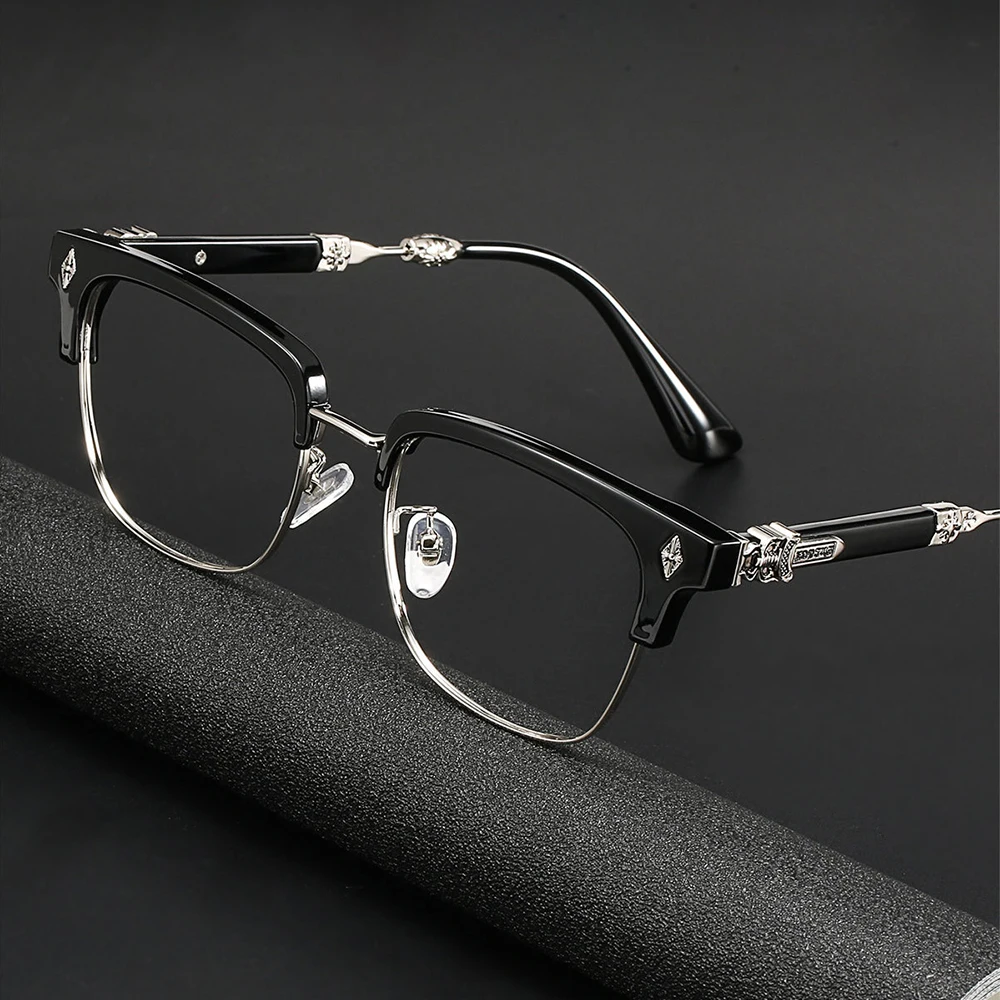Vintage Cross Carving Glasses Men Women Luxury Half Frame Anti Blue Light Eyeglasses Retro Square Computer Eyewear