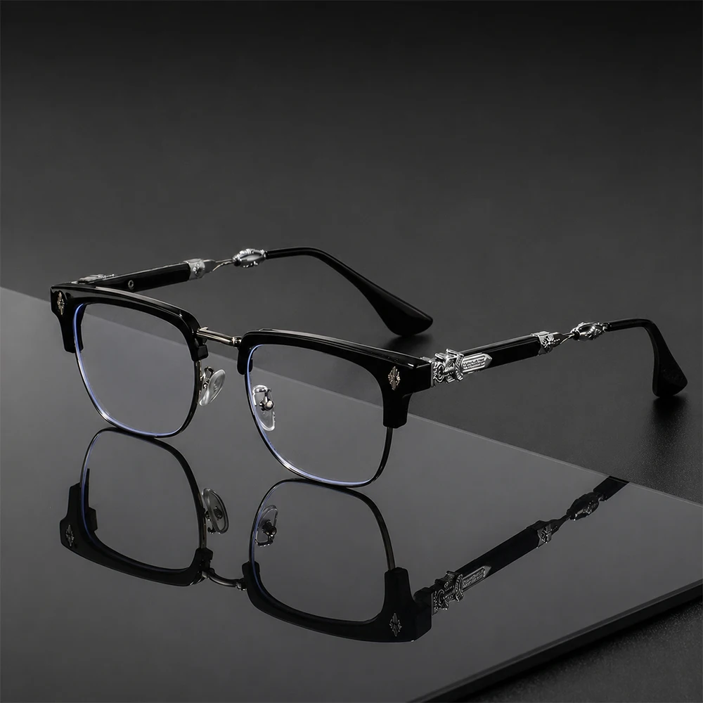 Vintage Cross Carving Glasses Men Women Luxury Half Frame Anti Blue Light Eyeglasses Retro Square Computer Eyewear