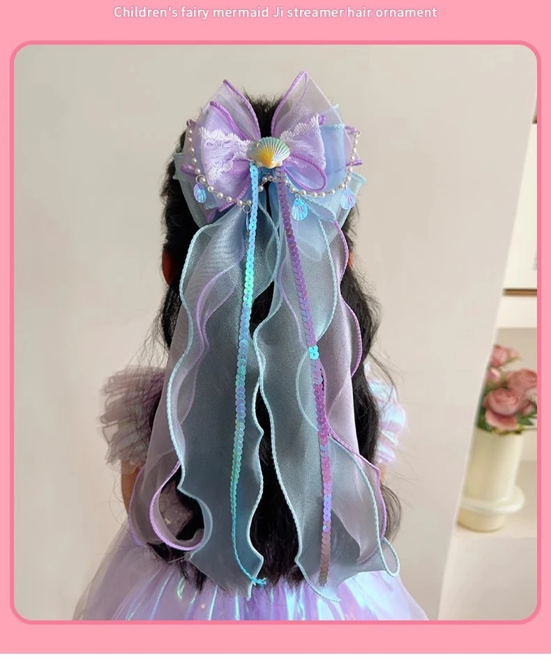 Toddler Girl Mermaid Headwear Children Princess Bow Hairpin Girls' Floating Yarn Braided Hair Clip Mermaid Maiden Hair Accessory