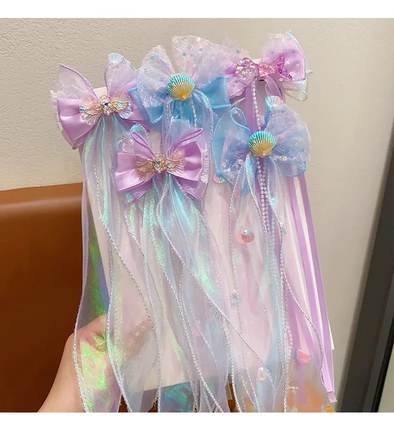 Toddler Girl Mermaid Headwear Children Princess Bow Hairpin Girls' Floating Yarn Braided Hair Clip Mermaid Maiden Hair Accessory