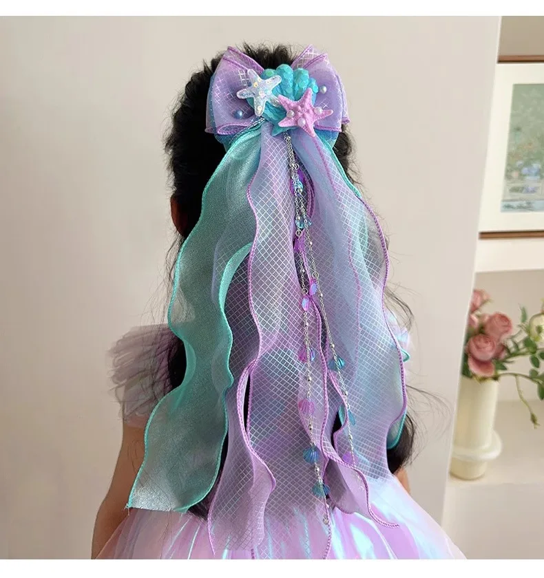 Toddler Girl Mermaid Headwear Children Princess Bow Hairpin Girls' Floating Yarn Braided Hair Clip Mermaid Maiden Hair Accessory