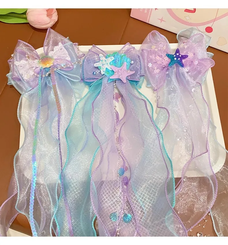 Toddler Girl Mermaid Headwear Children Princess Bow Hairpin Girls' Floating Yarn Braided Hair Clip Mermaid Maiden Hair Accessory