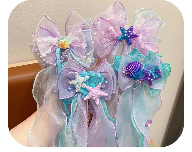 Toddler Girl Mermaid Headwear Children Princess Bow Hairpin Girls' Floating Yarn Braided Hair Clip Mermaid Maiden Hair Accessory