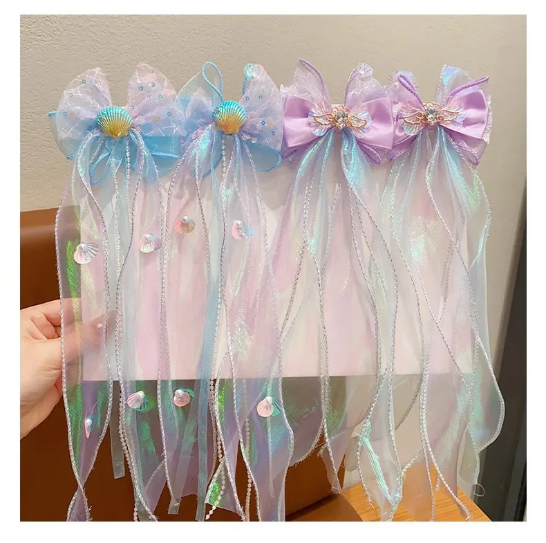Toddler Girl Mermaid Headwear Children Princess Bow Hairpin Girls' Floating Yarn Braided Hair Clip Mermaid Maiden Hair Accessory