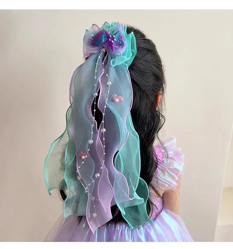 Toddler Girl Mermaid Headwear Children Princess Bow Hairpin Girls' Floating Yarn Braided Hair Clip Mermaid Maiden Hair Accessory