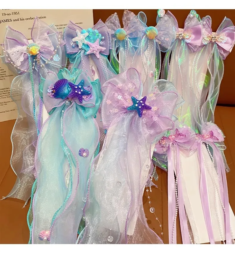 Toddler Girl Mermaid Headwear Children Princess Bow Hairpin Girls' Floating Yarn Braided Hair Clip Mermaid Maiden Hair Accessory