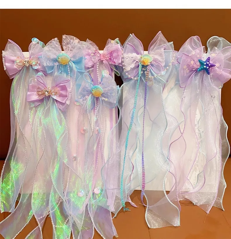 Toddler Girl Mermaid Headwear Children Princess Bow Hairpin Girls' Floating Yarn Braided Hair Clip Mermaid Maiden Hair Accessory