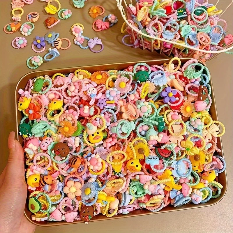 30pcs Girls High Elastic Hair Band Does Not Hurt Hair, cartoon Animal Flowers and Fruit Decorative Hair Band, Decorative Hair Se