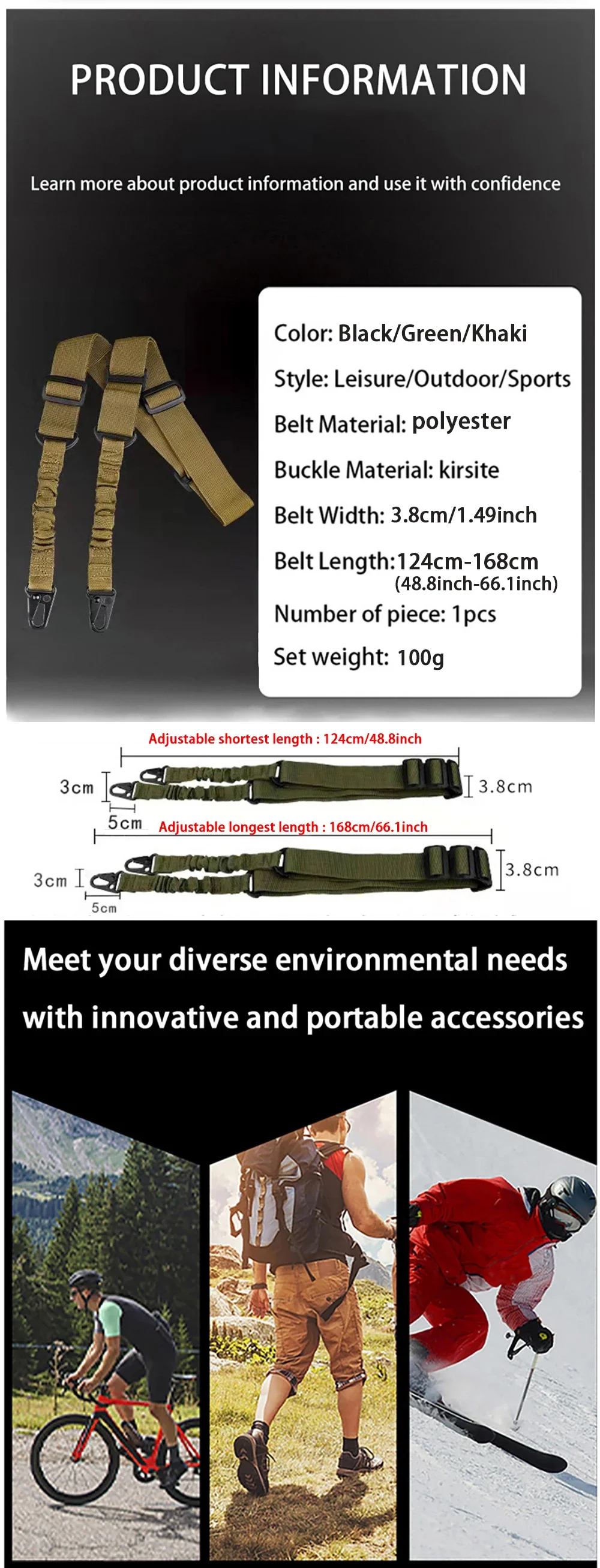 Tactical Two Points Sling Bungee Shoulder Strap Durable Nylon Belt High Quality Heavy Duty Sling for Outdoor Sports Accessories
