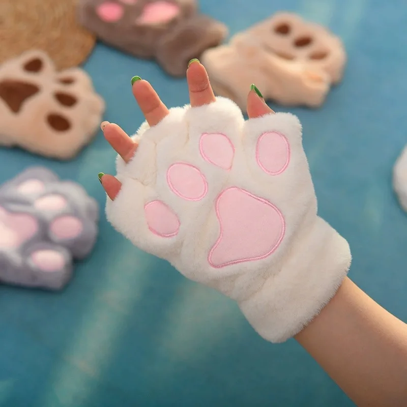 Cartoon Cute Cat Claw Paw Gloves Women Plush Mittens Warm Soft Plush Short Fingerless Fluffy Bear Cat Gloves Costume Half Finger