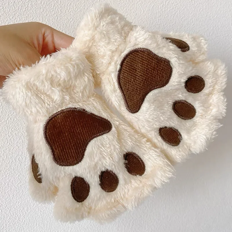 Cartoon Cute Cat Claw Paw Gloves Women Plush Mittens Warm Soft Plush Short Fingerless Fluffy Bear Cat Gloves Costume Half Finger