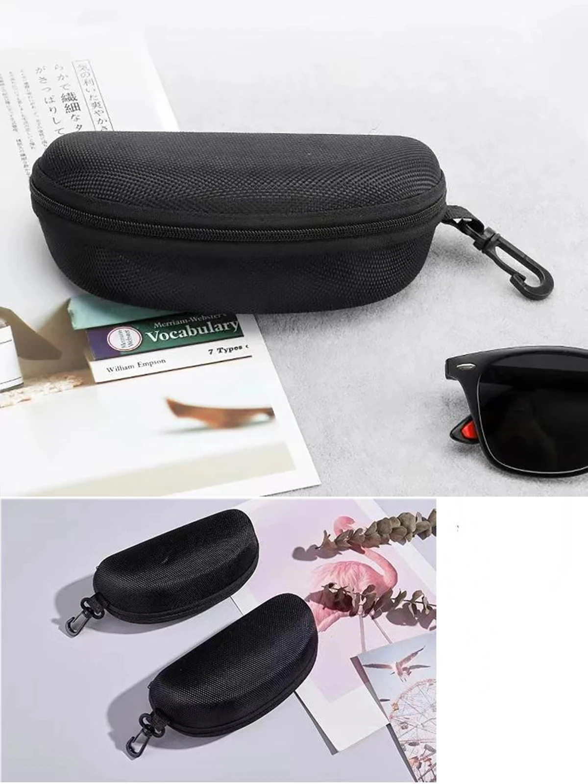 1pc Portable Sunglasses Case Protector Oxford Cloth Hard EVA Zippered Eyeglasses Case with Carabiner Unisex Eyewear Accessories