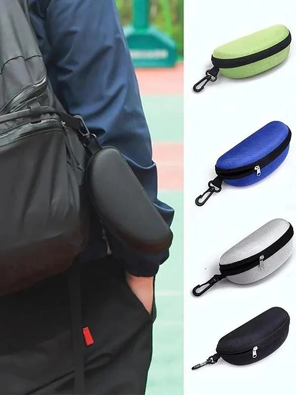 1pc Portable Sunglasses Case Protector Oxford Cloth Hard EVA Zippered Eyeglasses Case with Carabiner Unisex Eyewear Accessories