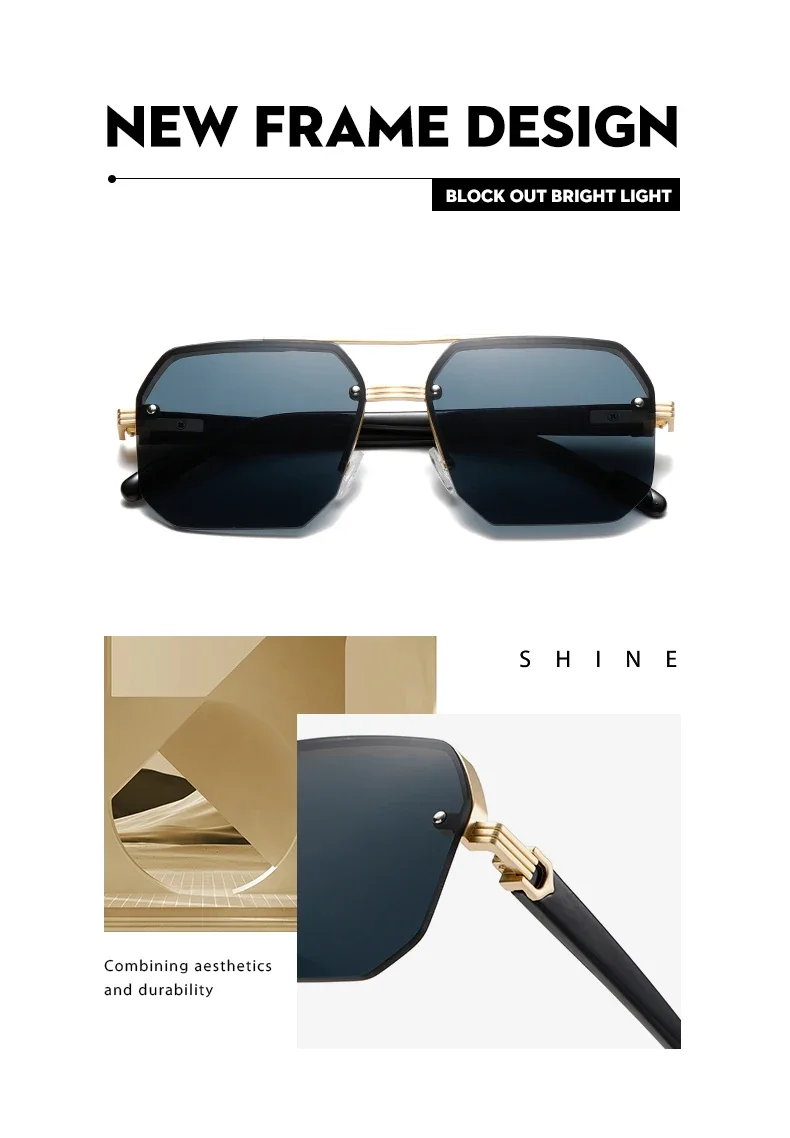 Fashion Square Semi-rimless Sunglasses Men Fashion Vintage Gradient Casual Shades Luxury Brand Design Outdoor Sun Glasses