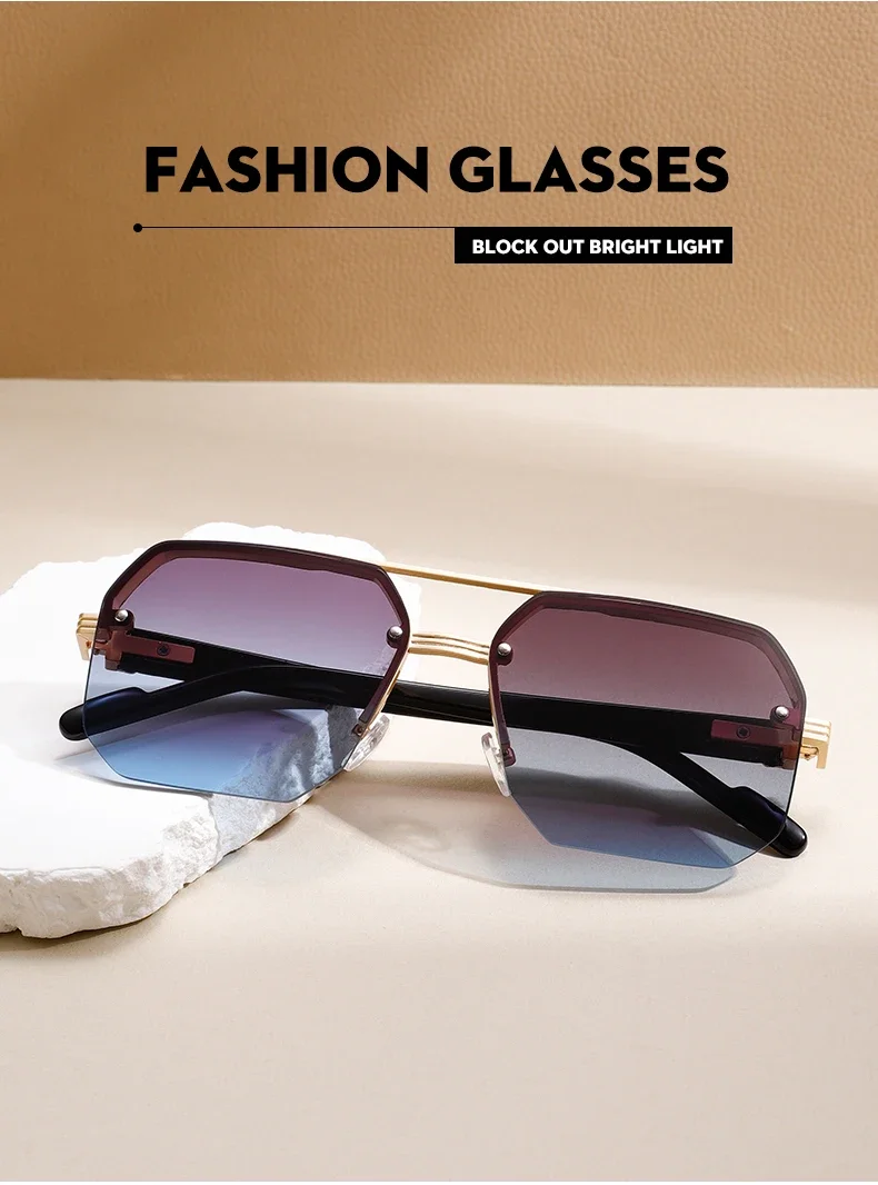 Fashion Square Semi-rimless Sunglasses Men Fashion Vintage Gradient Casual Shades Luxury Brand Design Outdoor Sun Glasses
