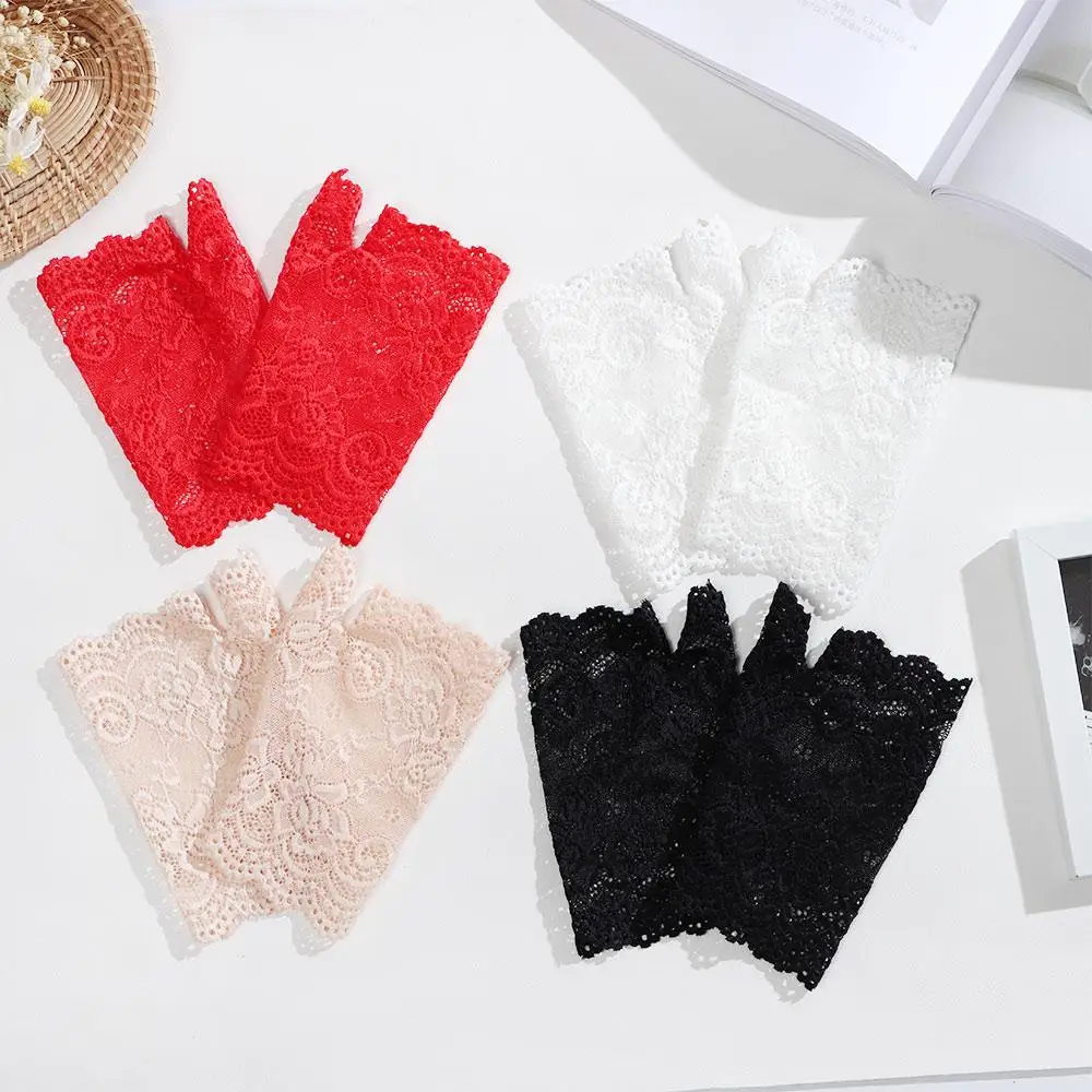 Women Short Lace Hollow-Out Fingerless Gloves Sun Protection Sleeves Mesh Thin Cycling Sexy Mittens Half Finger Handschoenen