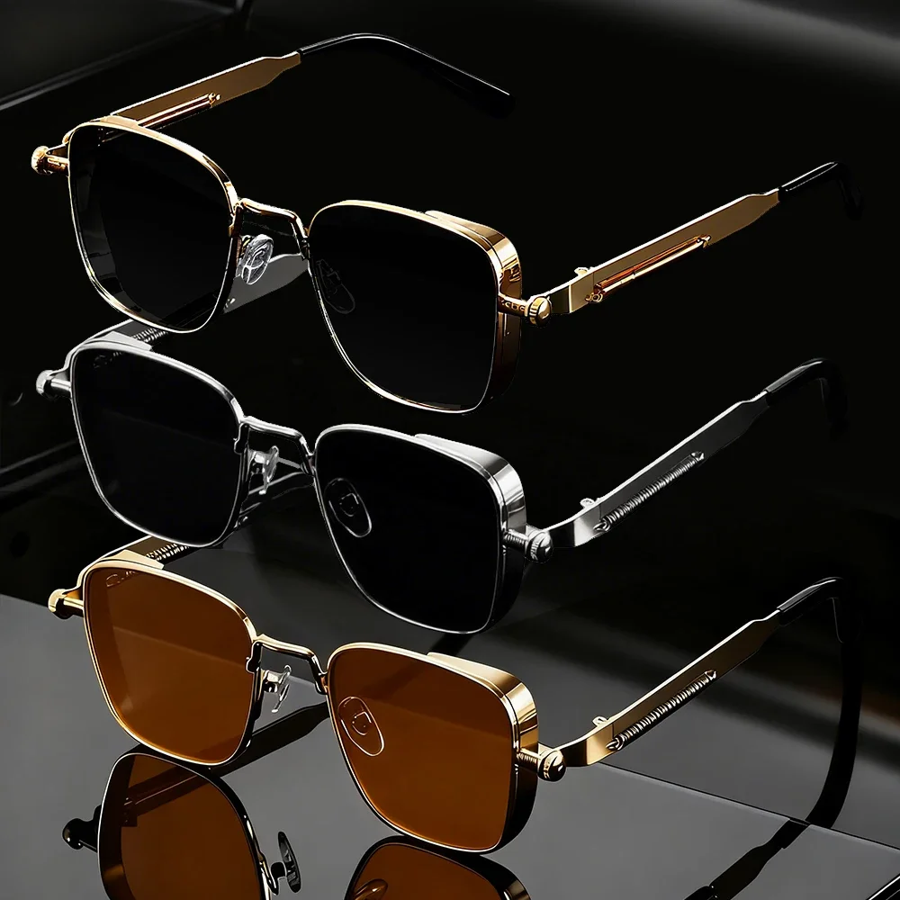 1/3PC Vintage Steampunk Square Sunglasses Metal Frame, Unisex Retro Grunge Punk Glasses for Daily Fashion Carnival Parties UV400