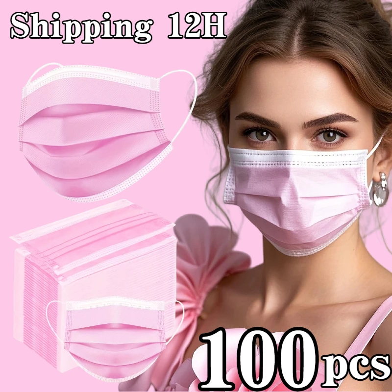 100pcs pink disposable 3-layer protective mask with adjustable nose tip-breathable, lightweight, very suitable for outdoor activ