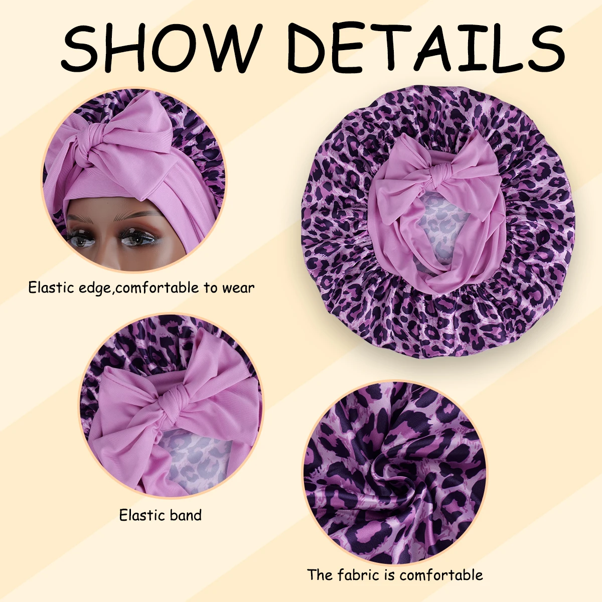 Silky Satin Sleep Bonnet Leopard Print Adjustable Tie Band Hair Cover for Natural Curly Hair Night Shower Bonnet 1PC