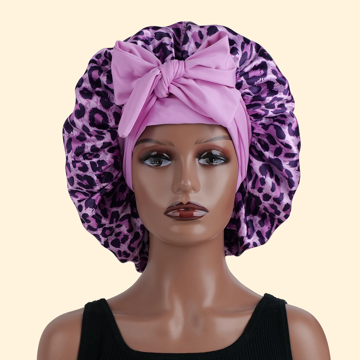Silky Satin Sleep Bonnet Leopard Print Adjustable Tie Band Hair Cover for Natural Curly Hair Night Shower Bonnet 1PC