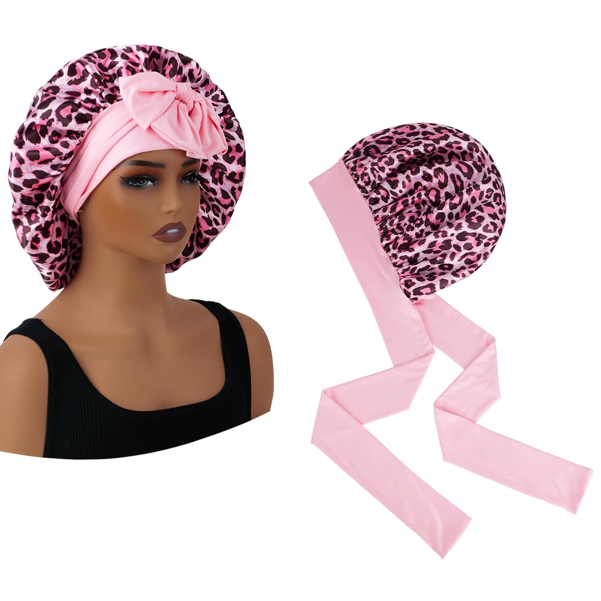 Silky Satin Sleep Bonnet Leopard Print Adjustable Tie Band Hair Cover for Natural Curly Hair Night Shower Bonnet 1PC