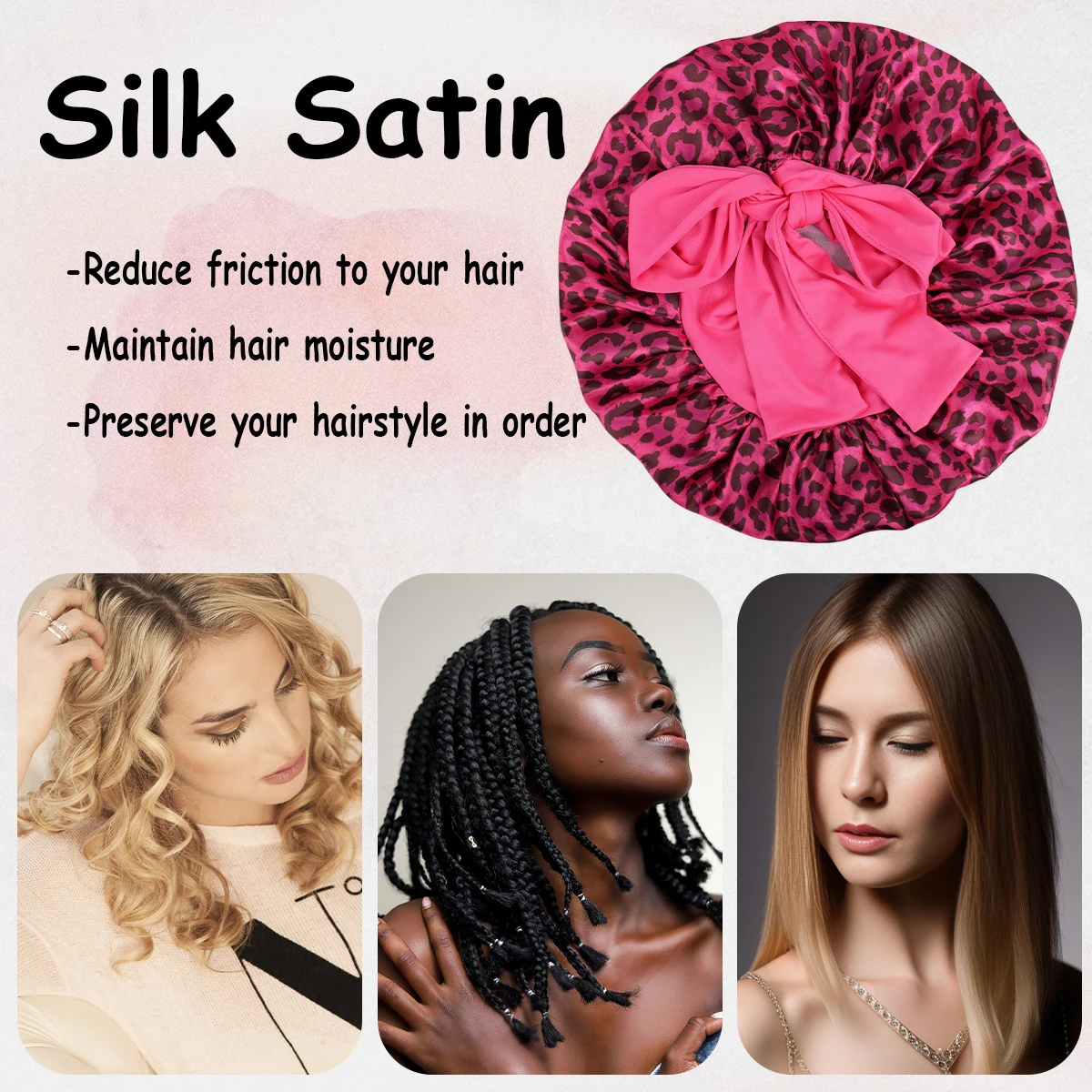Silky Satin Sleep Bonnet Leopard Print Adjustable Tie Band Hair Cover for Natural Curly Hair Night Shower Bonnet 1PC