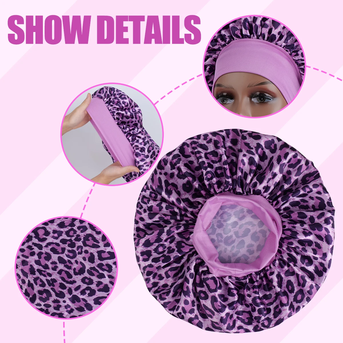 Silky Satin Sleep Bonnet Leopard Print Adjustable Tie Band Hair Cover for Natural Curly Hair Night Shower Bonnet 1PC