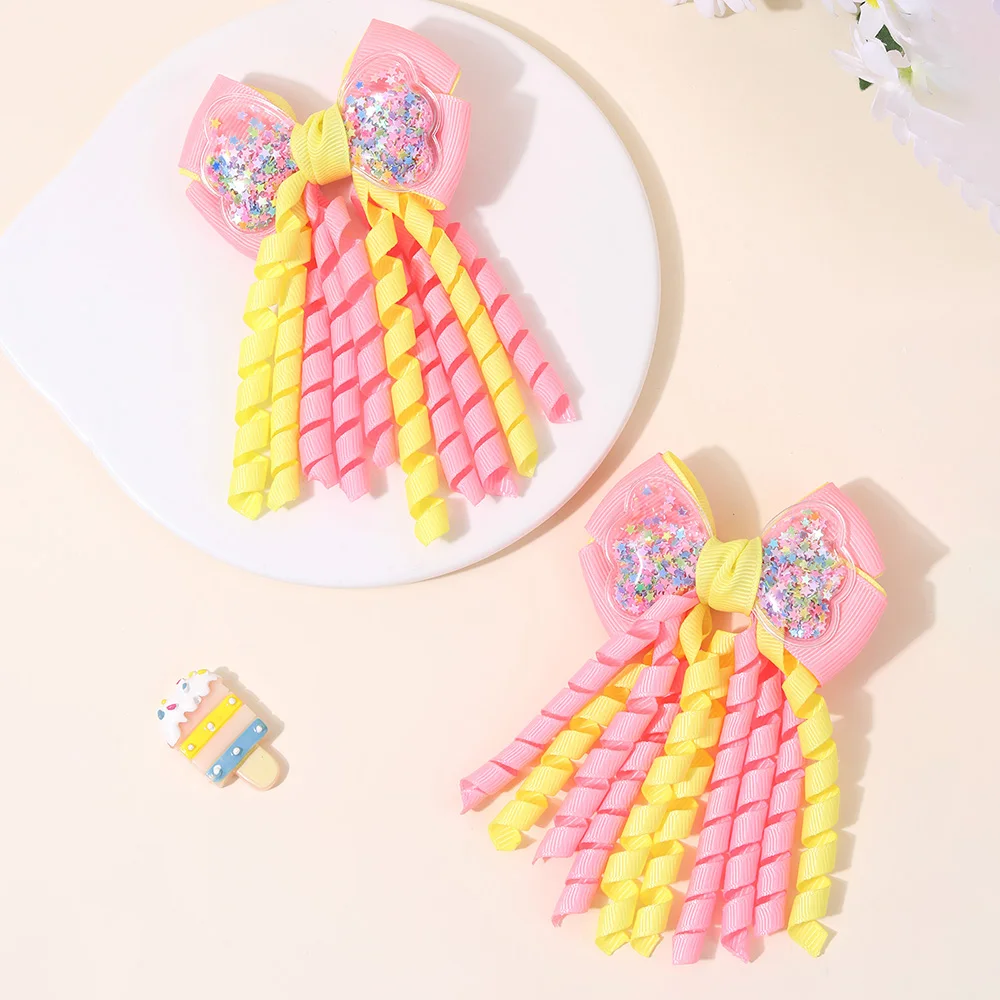 Sweet Unicorn Hair Clips For Girl Bow Barrette Cute Tassel Ribbon Curly Ponytail Hairpins Accessories