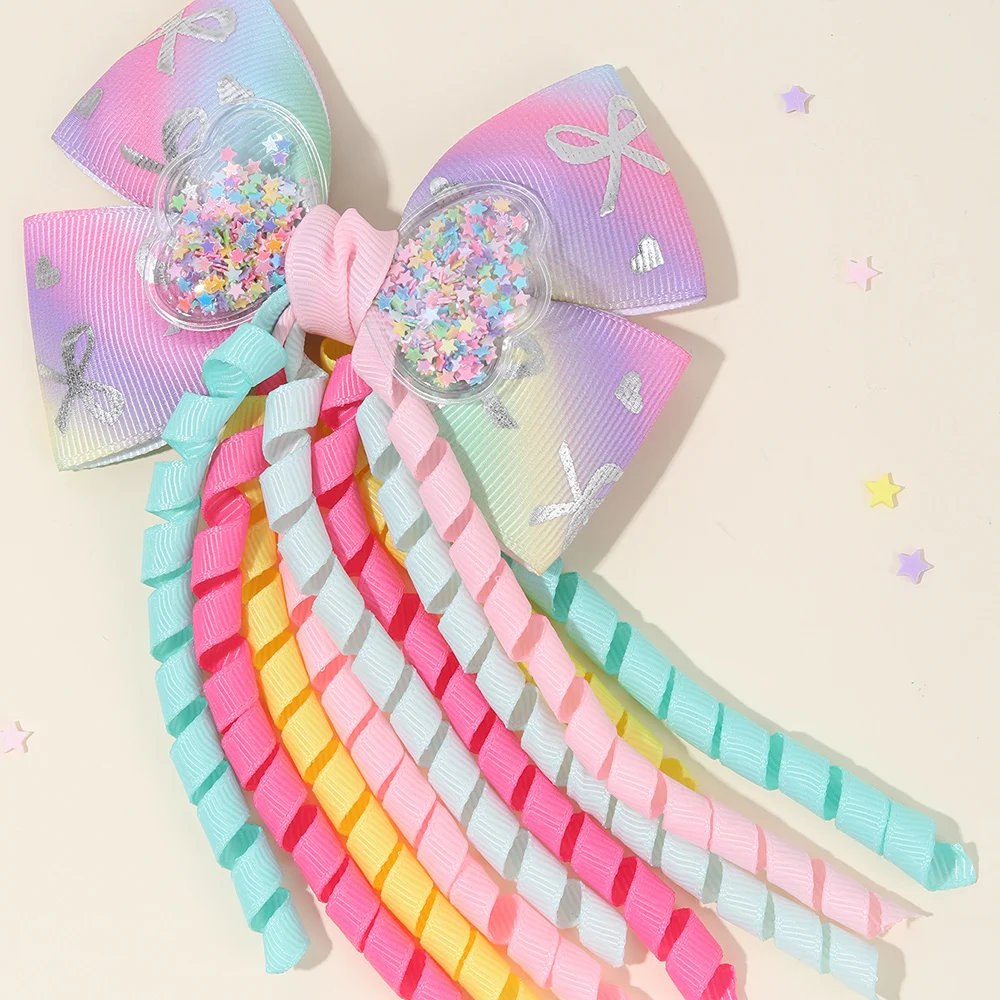 Sweet Unicorn Hair Clips For Girl Bow Barrette Cute Tassel Ribbon Curly Ponytail Hairpins Accessories