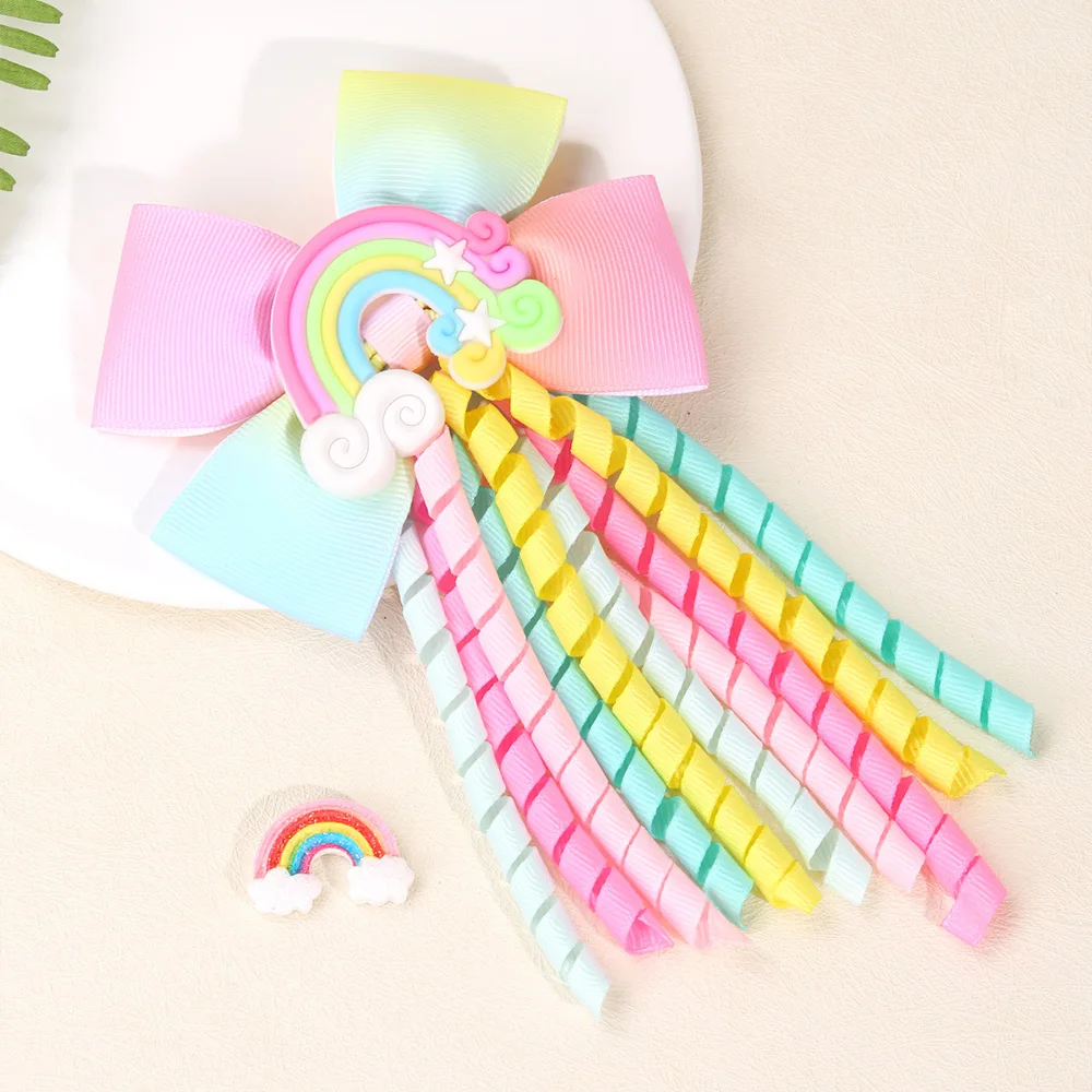 Sweet Unicorn Hair Clips For Girl Bow Barrette Cute Tassel Ribbon Curly Ponytail Hairpins Accessories