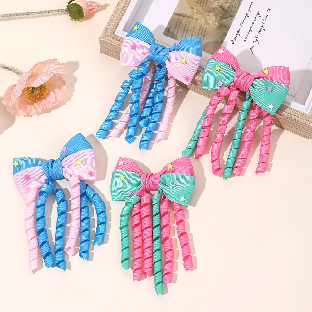 Sweet Unicorn Hair Clips For Girl Bow Barrette Cute Tassel Ribbon Curly Ponytail Hairpins Accessories