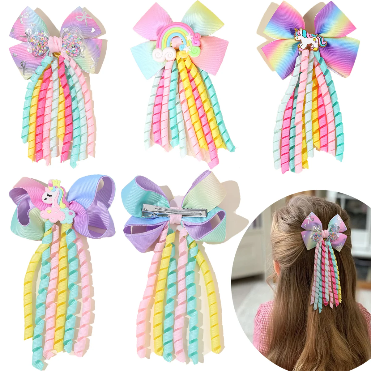 Sweet Unicorn Hair Clips For Girl Bow Barrette Cute Tassel Ribbon Curly Ponytail Hairpins Accessories
