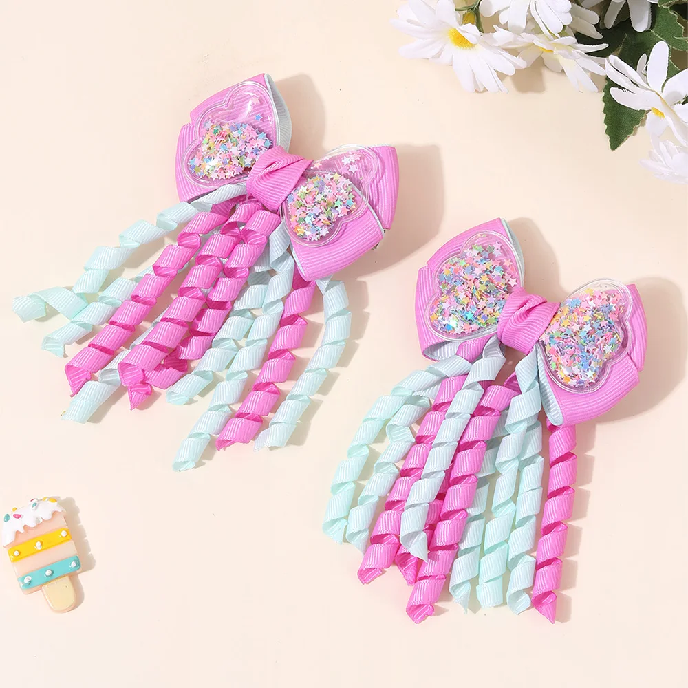 Sweet Unicorn Hair Clips For Girl Bow Barrette Cute Tassel Ribbon Curly Ponytail Hairpins Accessories