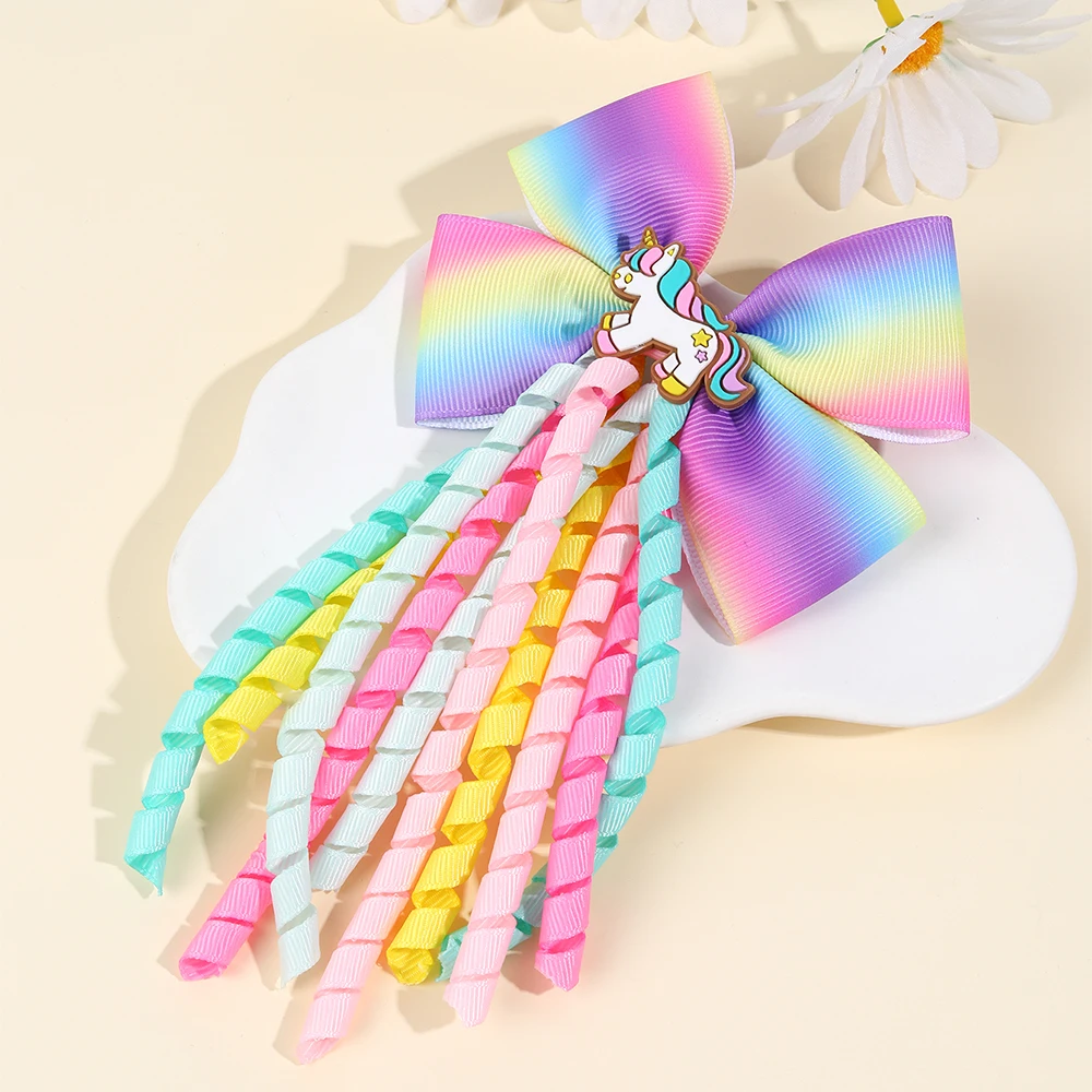 Sweet Unicorn Hair Clips For Girl Bow Barrette Cute Tassel Ribbon Curly Ponytail Hairpins Accessories