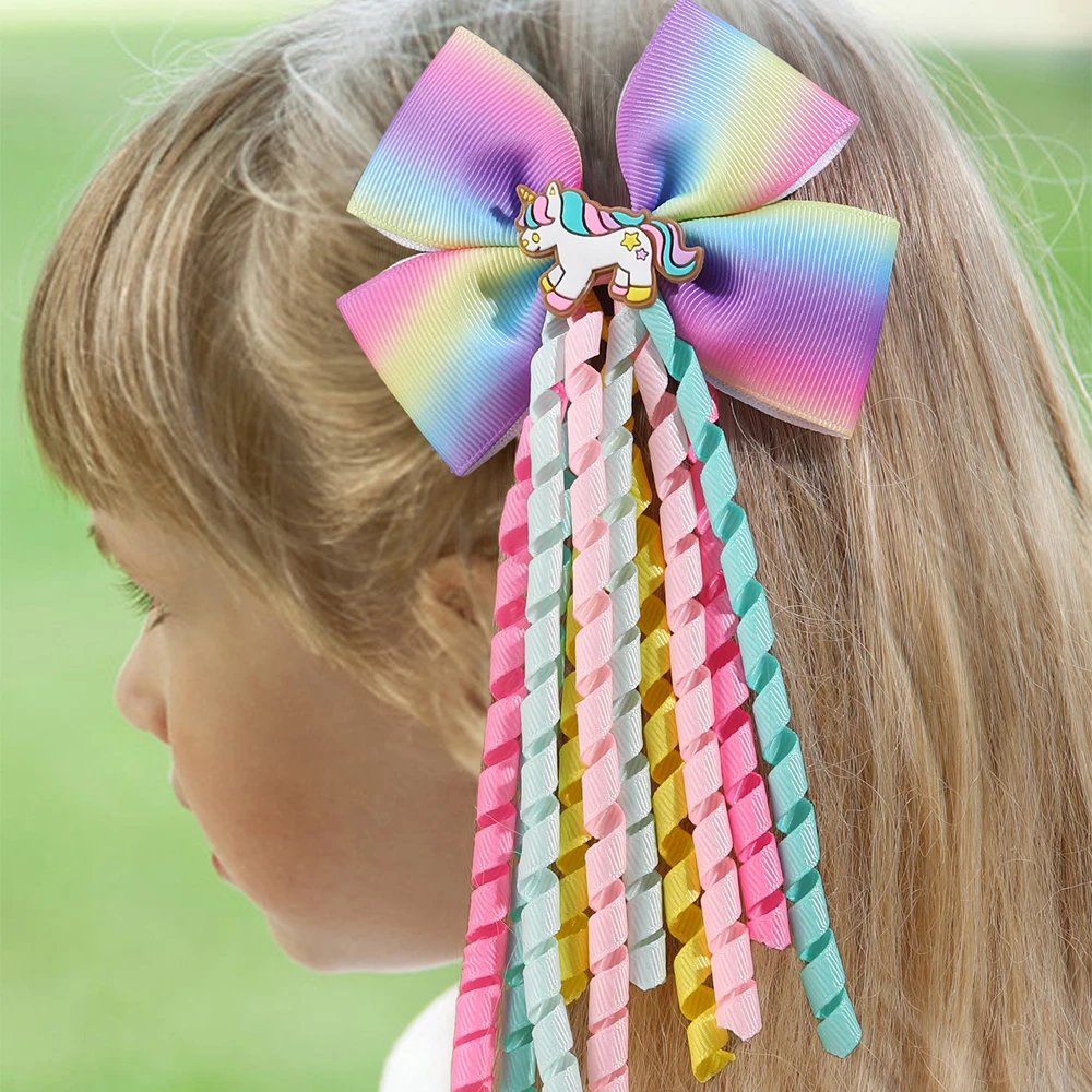 Sweet Unicorn Hair Clips For Girl Bow Barrette Cute Tassel Ribbon Curly Ponytail Hairpins Accessories