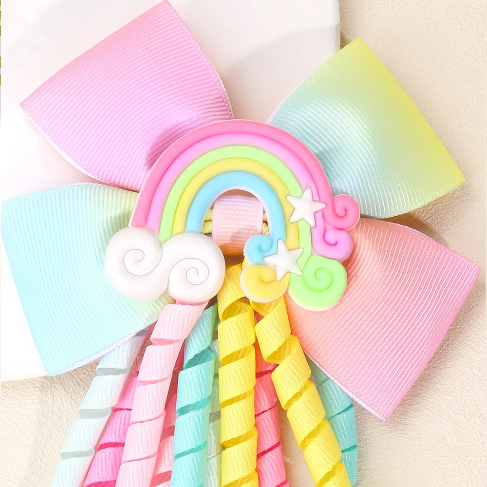 Sweet Unicorn Hair Clips For Girl Bow Barrette Cute Tassel Ribbon Curly Ponytail Hairpins Accessories