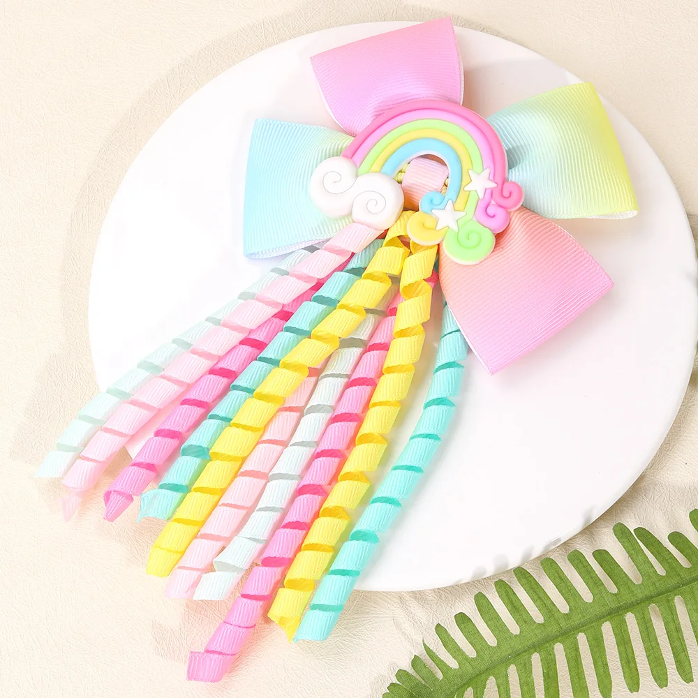 Sweet Unicorn Hair Clips For Girl Bow Barrette Cute Tassel Ribbon Curly Ponytail Hairpins Accessories