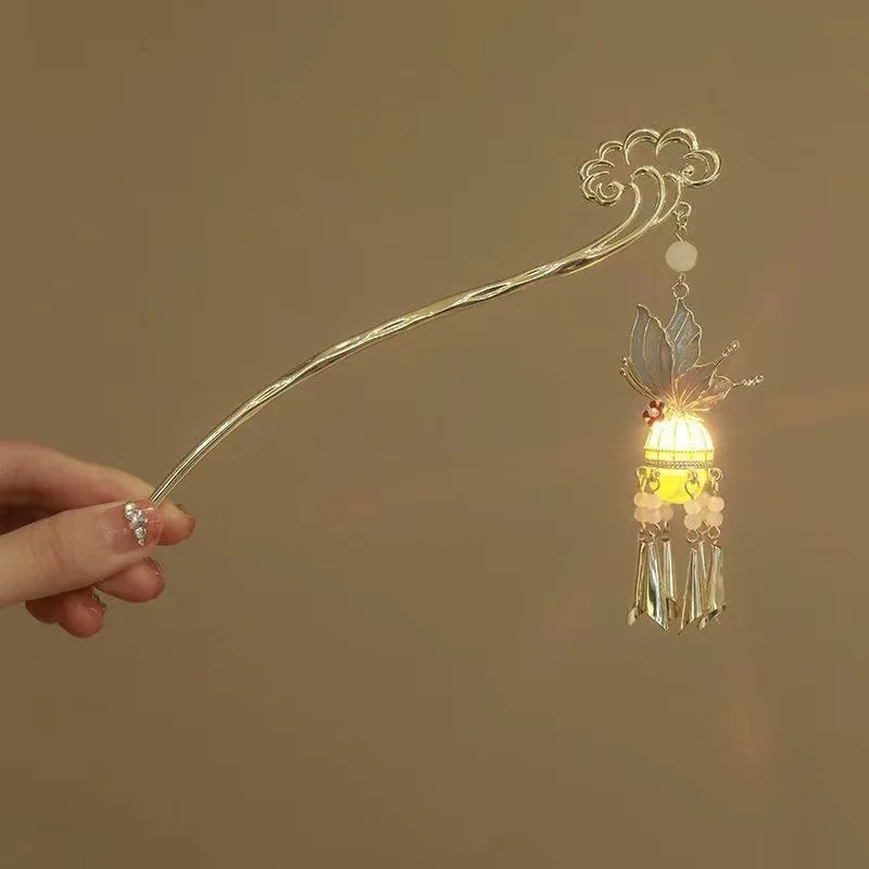 Luminous Flower Hairpin Women Creative Lotus Emit Light Lantern Tassel Hair Stick Vintage Chinese Style Fashion Hair Accessories