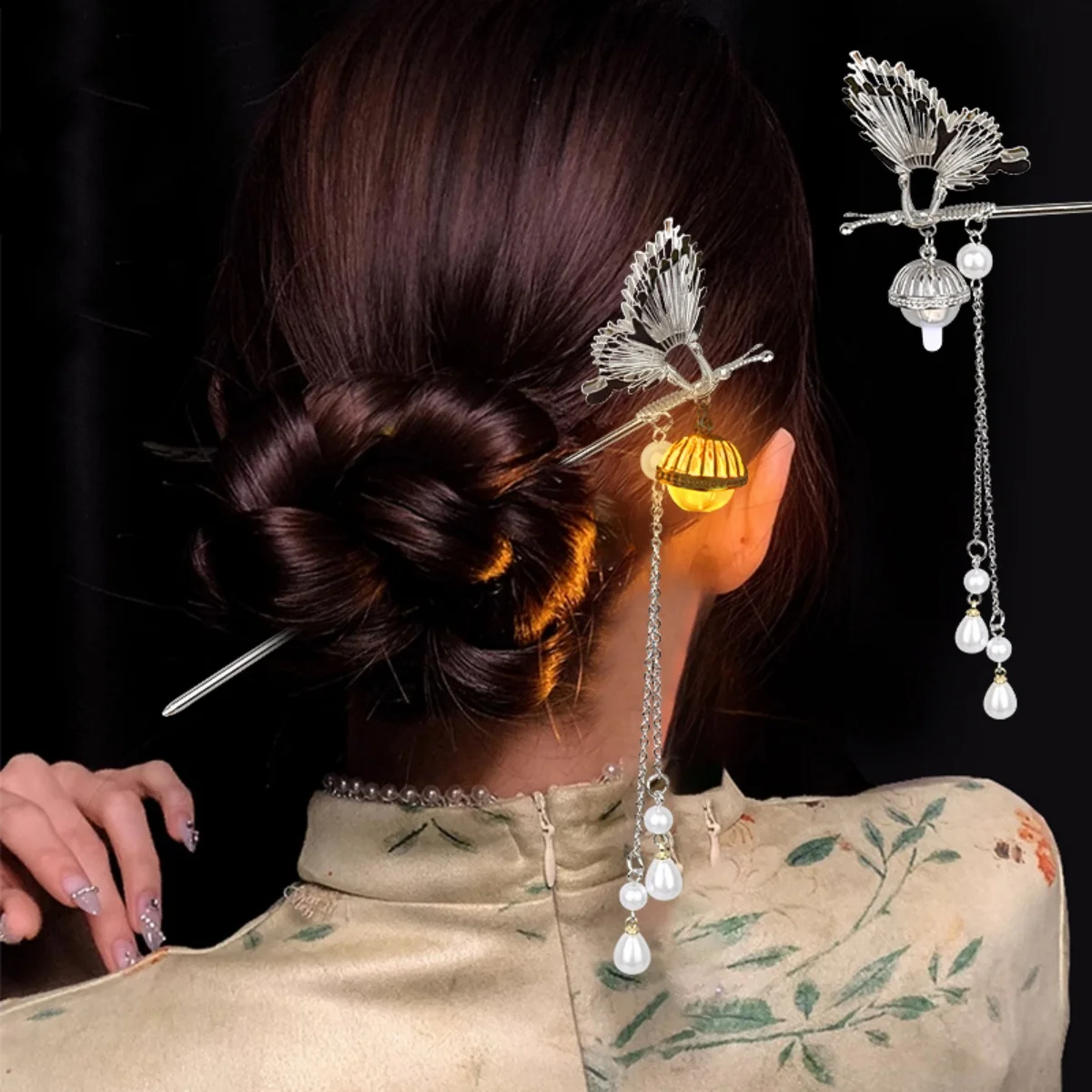 Luminous Flower Hairpin Women Creative Lotus Emit Light Lantern Tassel Hair Stick Vintage Chinese Style Fashion Hair Accessories