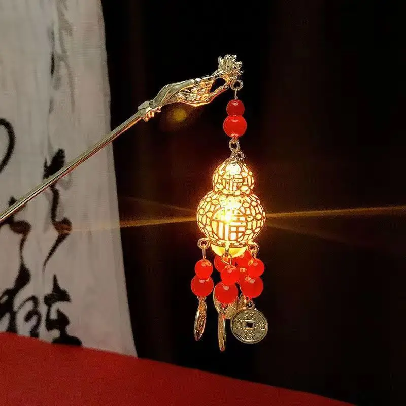 Luminous Flower Hairpin Women Creative Lotus Emit Light Lantern Tassel Hair Stick Vintage Chinese Style Fashion Hair Accessories