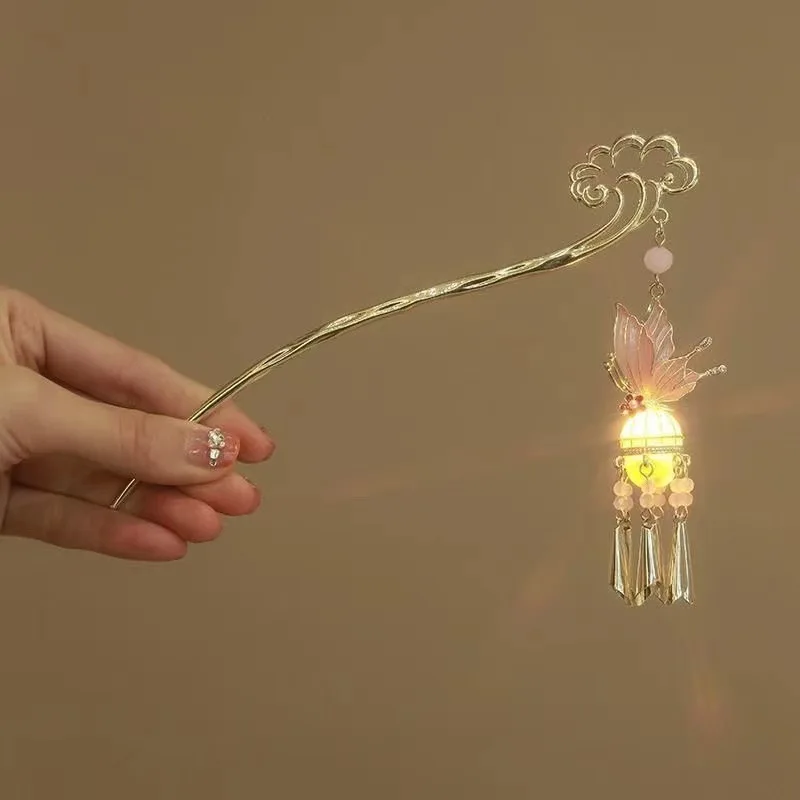 Luminous Flower Hairpin Women Creative Lotus Emit Light Lantern Tassel Hair Stick Vintage Chinese Style Fashion Hair Accessories