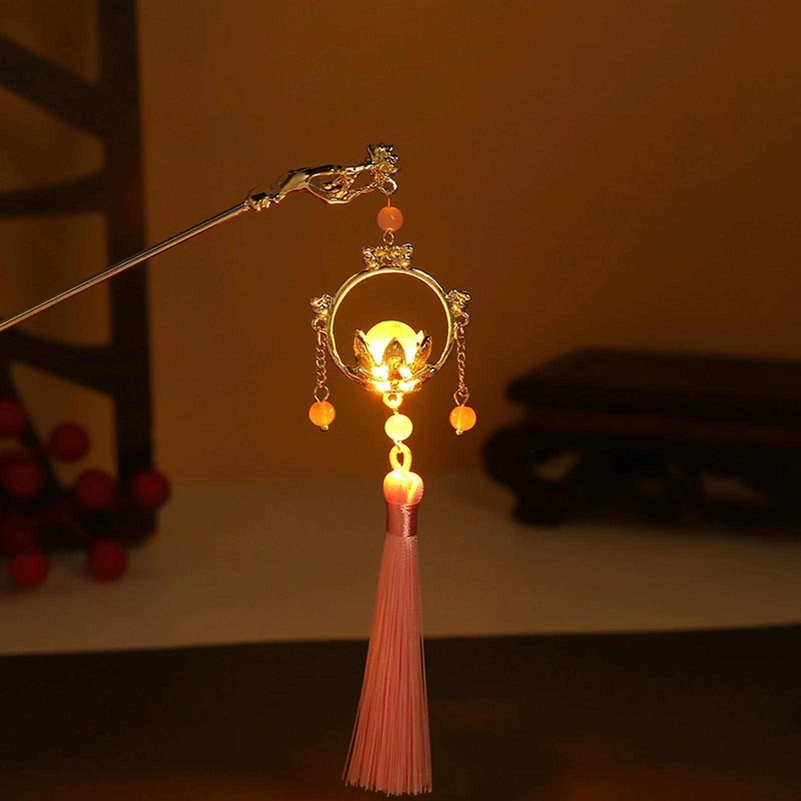 Luminous Flower Hairpin Women Creative Lotus Emit Light Lantern Tassel Hair Stick Vintage Chinese Style Fashion Hair Accessories