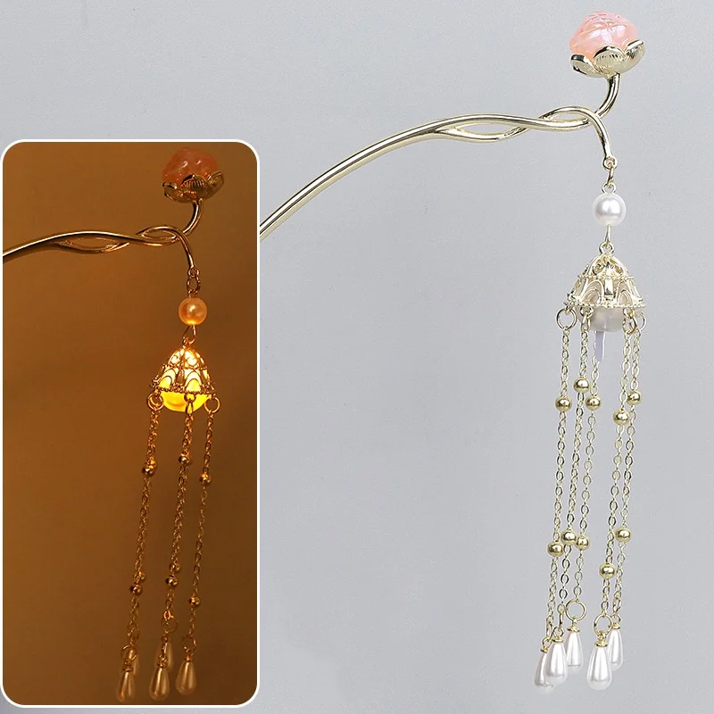 Luminous Flower Hairpin Women Creative Lotus Emit Light Lantern Tassel Hair Stick Vintage Chinese Style Fashion Hair Accessories