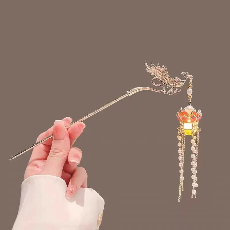 Luminous Flower Hairpin Women Creative Lotus Emit Light Lantern Tassel Hair Stick Vintage Chinese Style Fashion Hair Accessories
