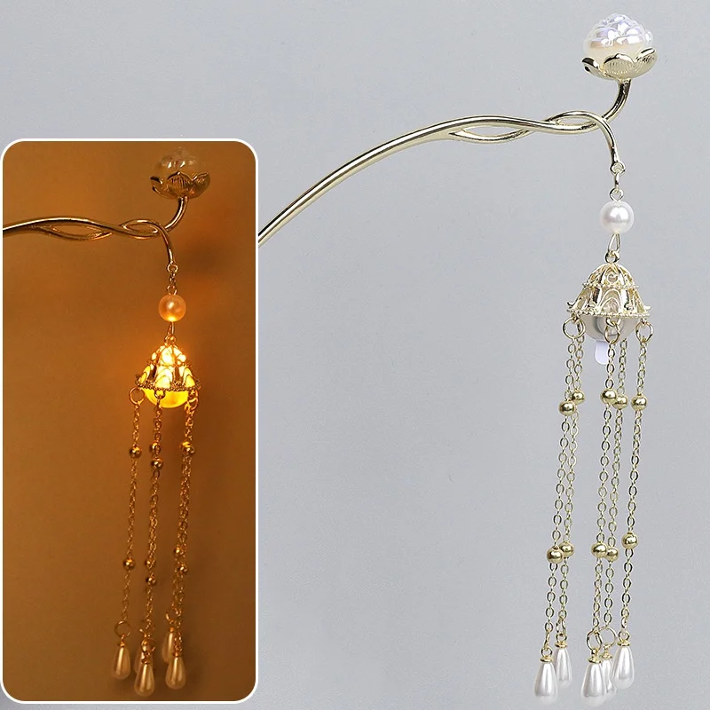 Luminous Flower Hairpin Women Creative Lotus Emit Light Lantern Tassel Hair Stick Vintage Chinese Style Fashion Hair Accessories